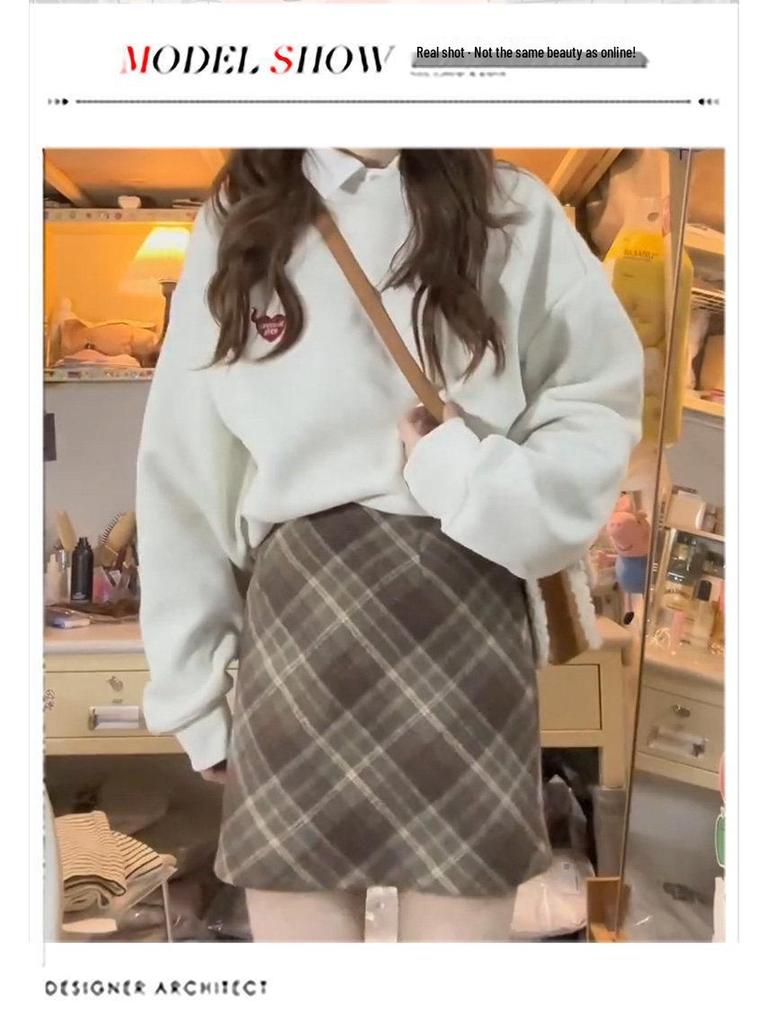 Women's Retro Wool Plaid A-line Skirt - High Waist, Slimming, Anti-exposure, Hip-hugging, Short Korean Style for Autumn/Winter