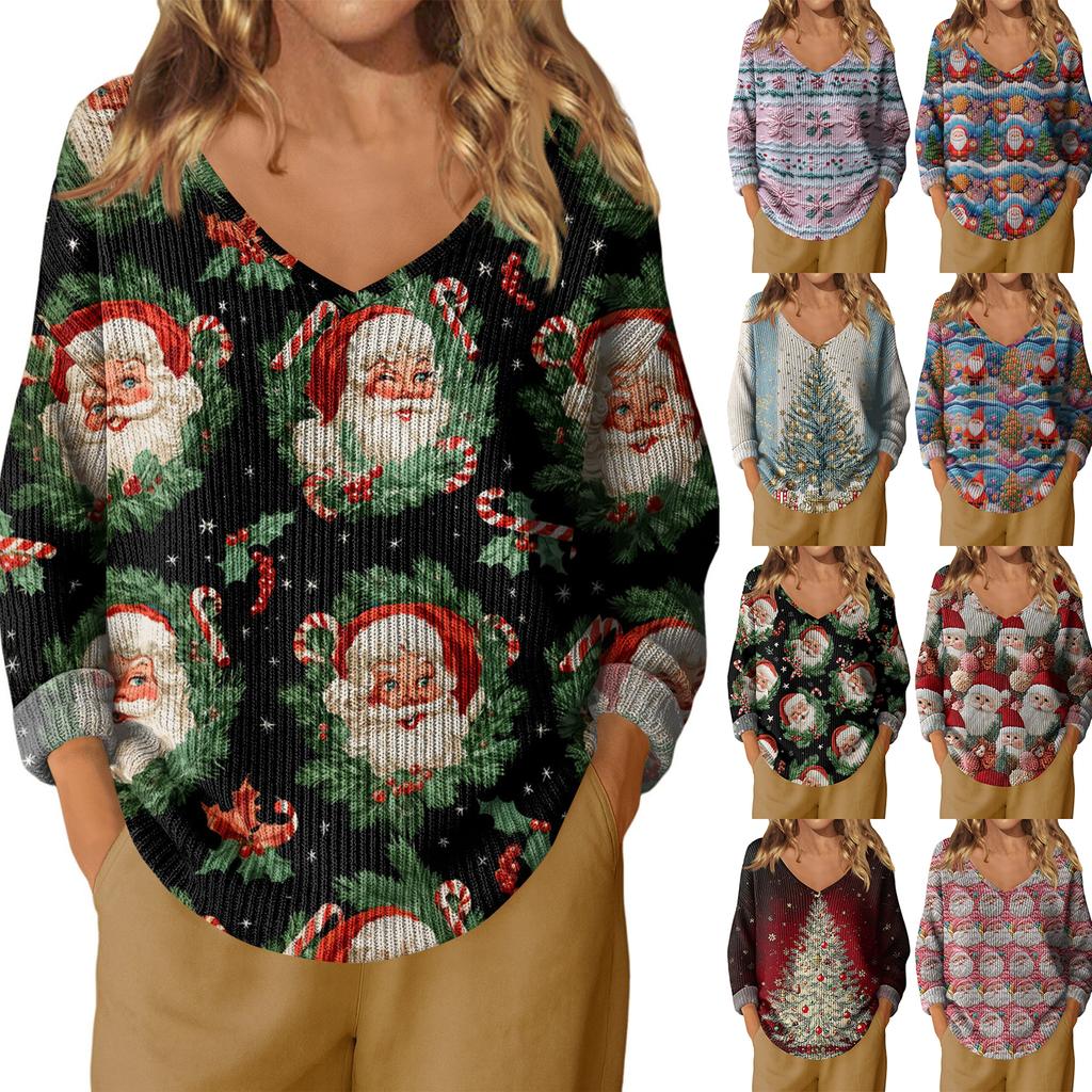 Women's Casual V-Neck Long Sleeve Knitted Christmas Print Pullover