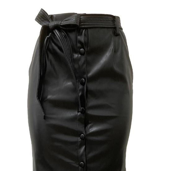 Women Skirt Faux Leather High Waisted Front Slit Hip Wrapped Skirt with Belt Buttons Closure Commuting Street Skirt