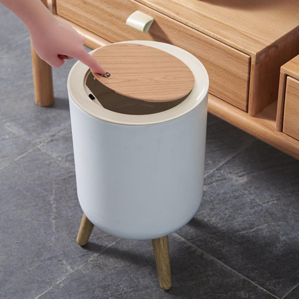 1pc Free-standing Garbage Can, Press Type Trash Can With Lid, Creative High Legged Circular Household Wastebasket, Essential