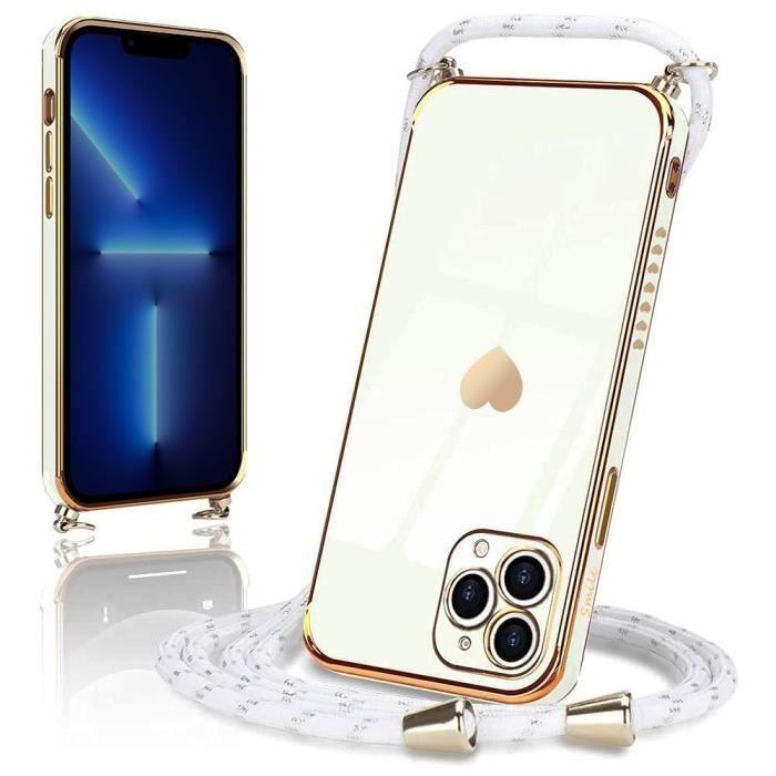 Coque avec collier cordon - Blanc - iPhone 13 Pro - Souple - Antichoc - Motif coeur