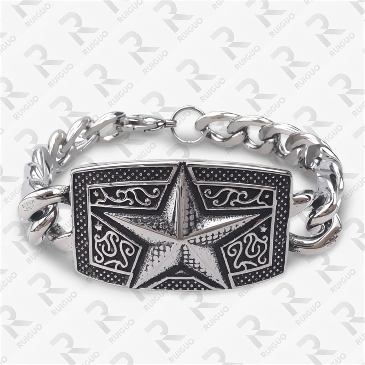 European American Retro Five-Pointed Star Flower Stainless Steel Cuban Chain Bracelet Trendy Punk-Style Personalized Unisex