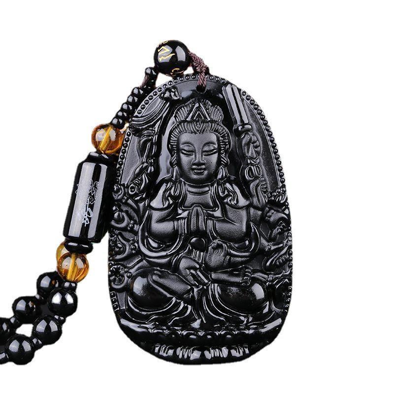 Black Obsidian Buddha Pendant Carved Design Beaded Chain Daily Wear Lucky Gift For Men Women