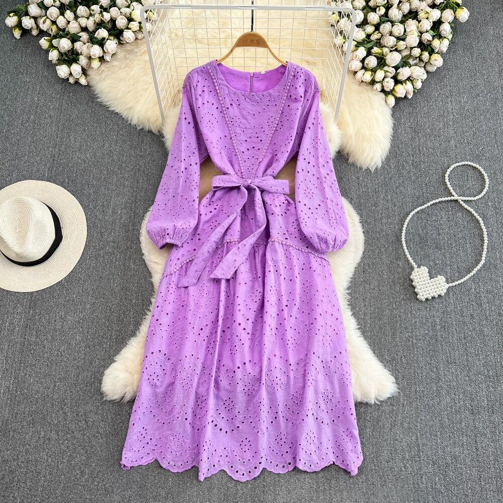 Retro Palace Temperament Round Neck Waist Show Thin Hook Flower Hollow a Word Lace Dress Elegant Large Skirt