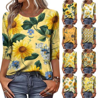 Top Camiseta Casual Feminino Moderno com Gola Redonda, Manga Três Quartos e Estampa