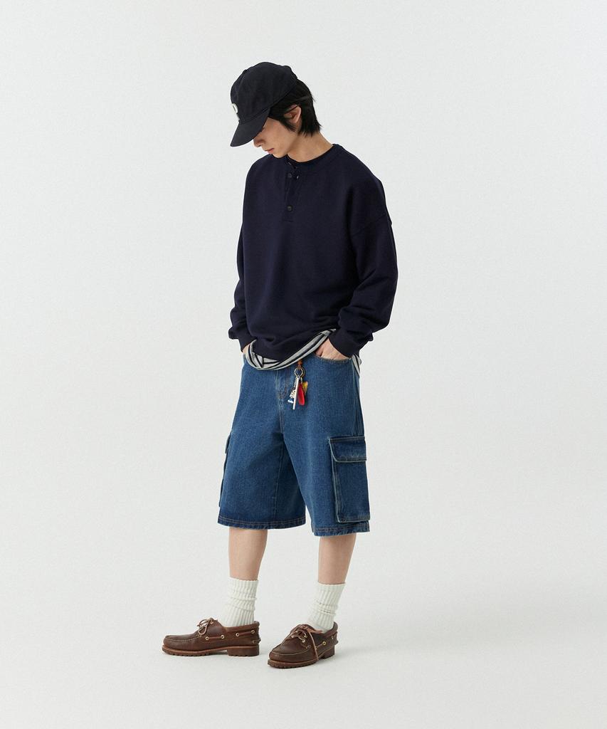 STENDS [M~4Xl] Henley Neck Semi-Oversized Sweatshirt_Navy