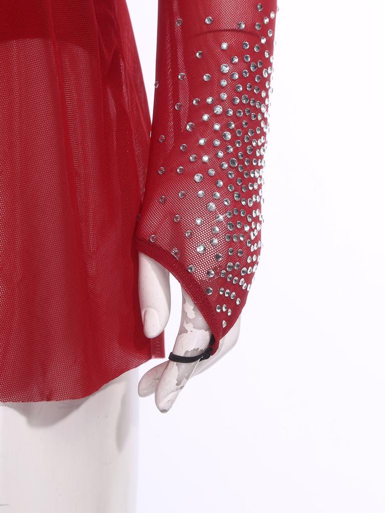 Dámský síťovaný trikot s kamínky Dlouhý rukáv Volánkové lemy Síťovaná sukně Body Šaty Jumpsuit pro krasobruslení