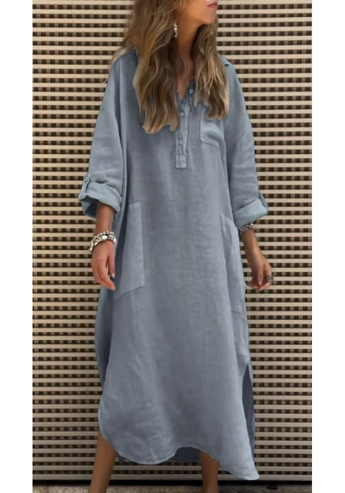 Elegant Solid Color Irregular Long Dress with Buttons and Pockets for Spring/Summer 2024