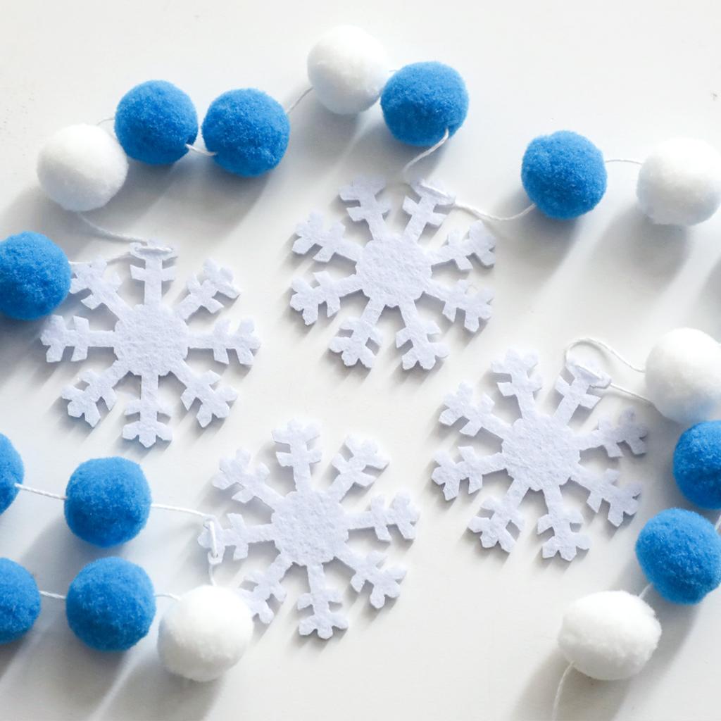 Christmas Snowflake Pom Pom Garland, Blue & White Felt Ball String, Festive Hanging Decor for Xmas Tree, Wall, Fireplace & Party