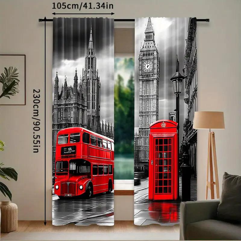 2 Stück - Vorhänge mit Retro-Druck einer britischen Straßenszene, Schlaufenvorhänge, Schlafzimmer und Wohnzimmer, Heimdekoration, Raumdekoration