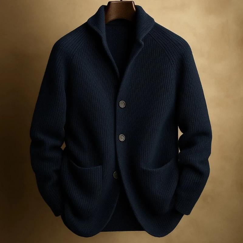Men's Knitted Three-Button Green Fruit Collar Cardigan Sweater Spring Aautumn Knitwear Solid Color Long Sleeve Knit Outerwear