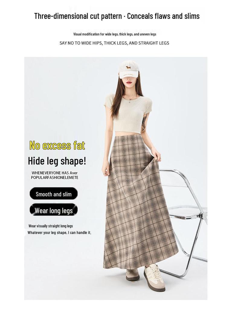 Women's 2026 Spring Retro Plaid High-Waist A-Line Skirt with Elastic Waist and Wide Hem