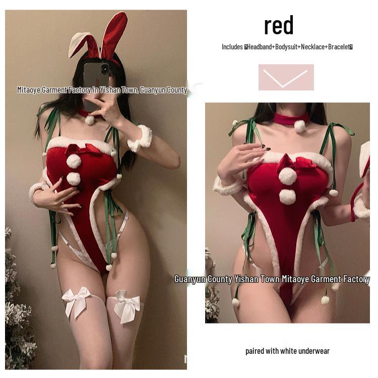 Erotic Christmas Bunny Costume with Fluffy Lace-Up and Open Crotch Design