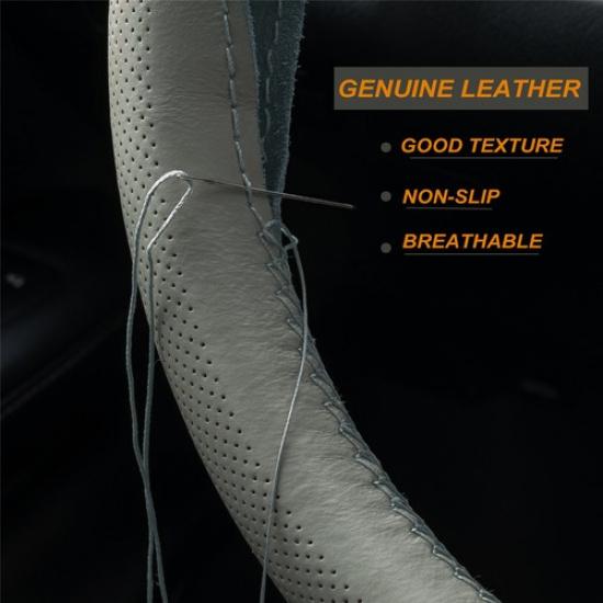 

15 Grey Genuine Leather DIY Car Steering Wheel Cover Breathable Anti-slip Car