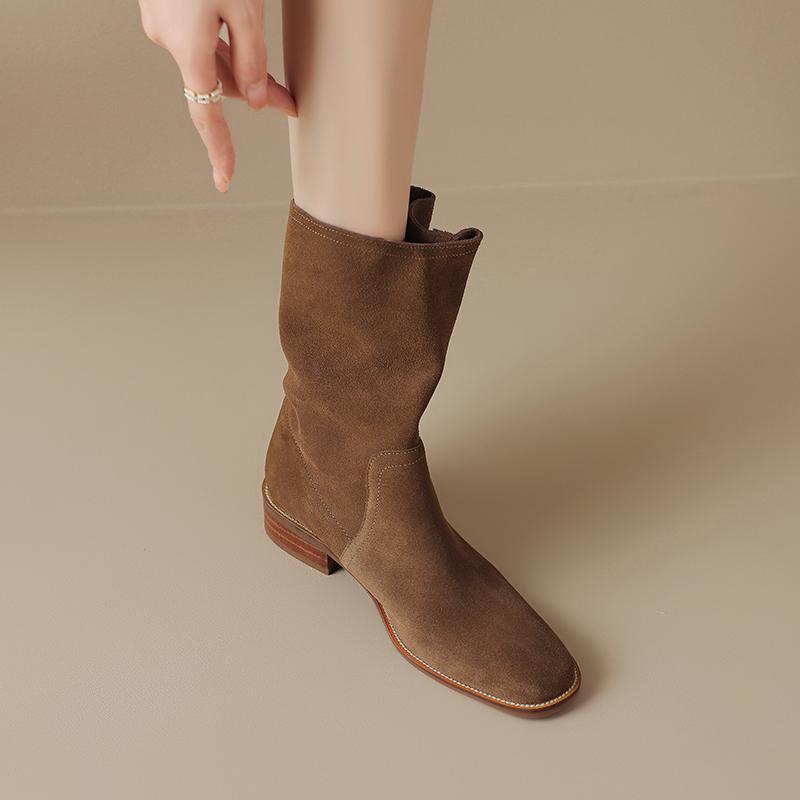 Fashion 2025 New Autumn Winter Cow Suede Women Boots Fashion Med Heel Round Toe Women Shoes Short Boots Western Boots