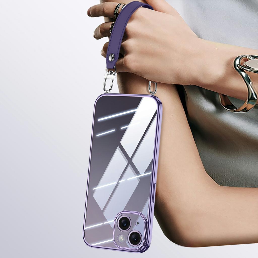 SULADA For iPhone 14 Case Electroplating Ultra Clear Soft TPU Phone Cover with PU Wrist Strap