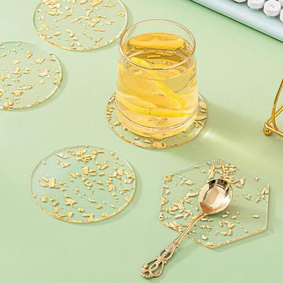 Runde/sechseckige Acryl-Untersetzer, klare Goldfolie, Geschirr, Kaffee-Untersetzer