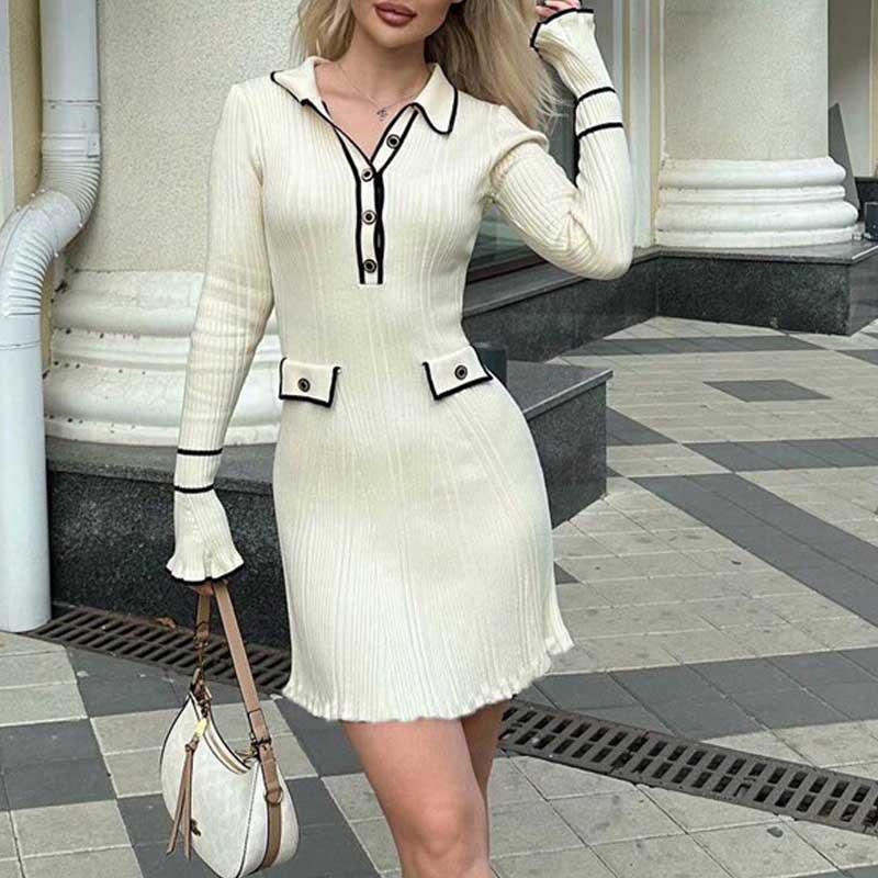 European-American Luxury Ruffled Knit Dress: Autumn Mid-Length with Lapel & Trumpet Sleeves