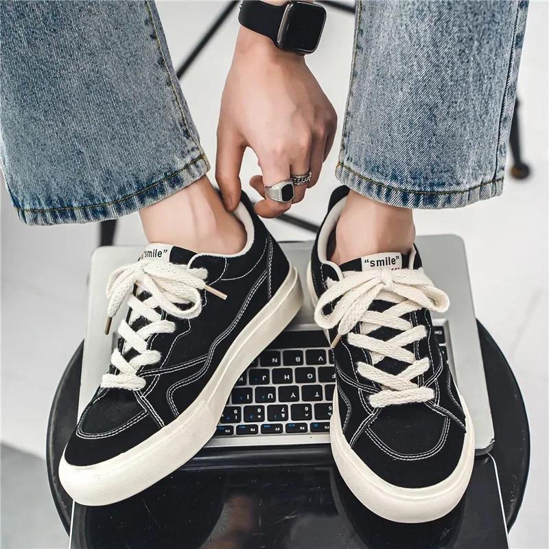 Male Canvas Shoes Patchwork Men's Sneakers Korean Style Comfortable Platform Shoes Men's Breathable Lace-Up Vulcanized Shoes