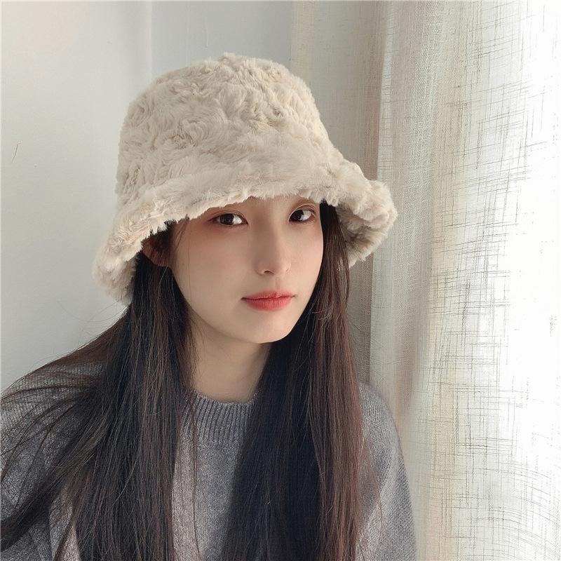 Japanese Plush Fisherman Hat for Women In Autumn and Winter Warm Large Brim Versatile Sweet Temperament Lady Color Fashionable Washbasin Hat