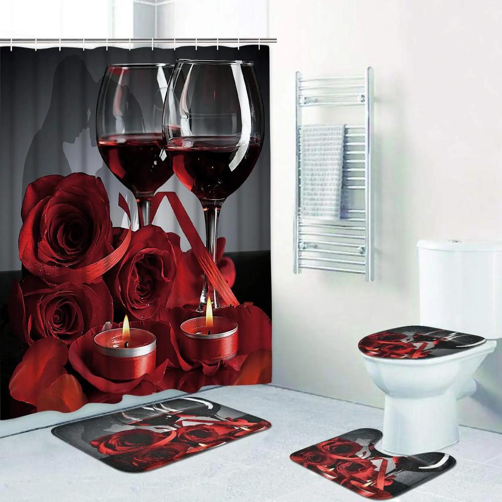 Valentines Shower Curtain Set Romantic Red Rose Flowers And Wine Shower Curtain Set With Non-Slip Rug Toilet Lid Cover Bath Mat