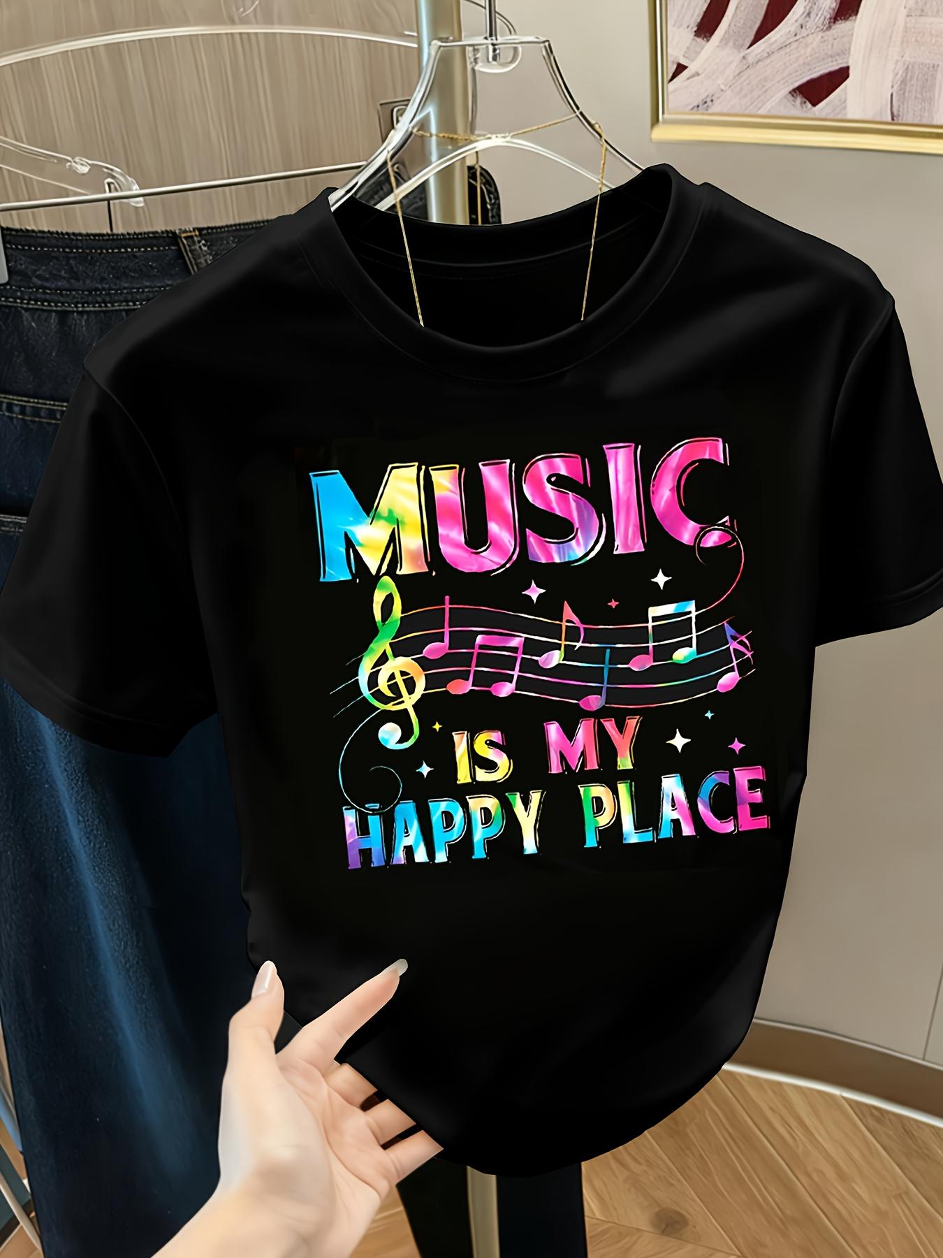 Women s Music Is My Happy Place Graphic T-Shirt Polyester Casual Short Sleeve Tee Music Lover Gift Summer Fashion Top Graphic S