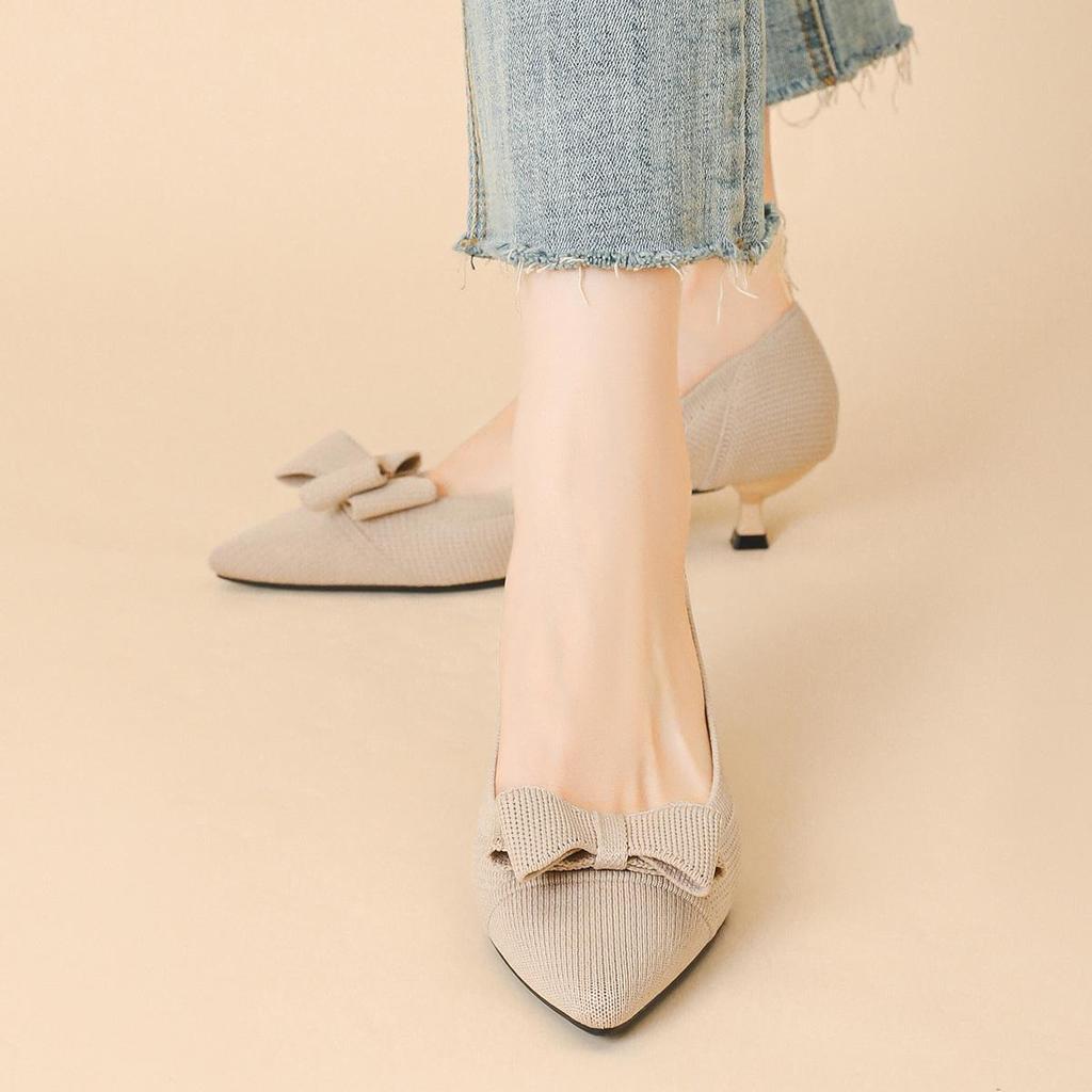 Dámské Velké Velikosti Jarní Jehlové Podpatky Boty se Špičatou Špičkou Letní Ležérní Mašle Jednobarevné Boty na Vysokém Podpatku 34-43