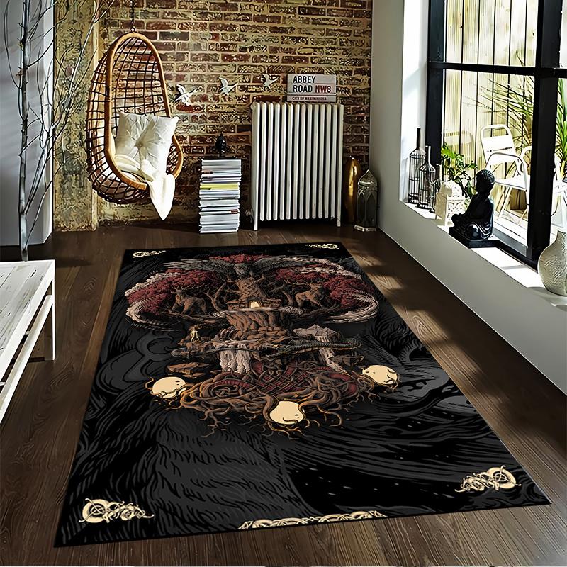 Fantasy-Themed Carpet with Crossed Axe  Hammer Design Orange Runes, Black Background Suitable for use as an anti-slip    for    room and bedroom sofas
