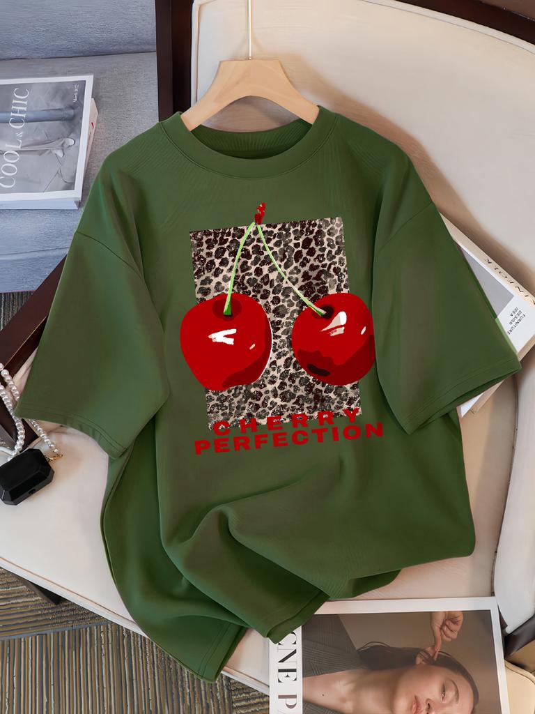 Fashion Leopard And Cherry Perfection Pattern T Shirt Women Summer Soft Tops Cotton All-Match Short Sleeve O-Neck Loose T-Shirts