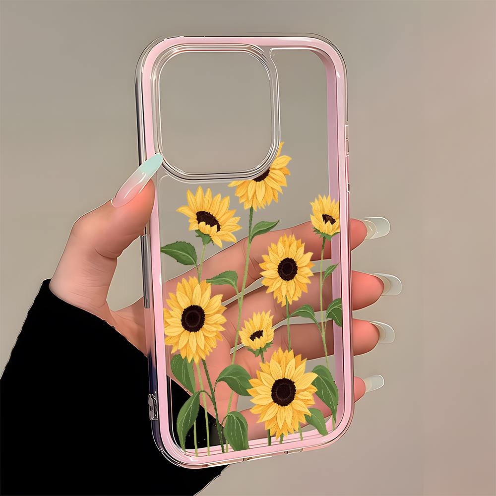 Sunflower Floral Pattern Clear Phone Case For iPhone 17 16 15 14 13 12 11 Pro Max 14 Plus 2 in 1 Candy Color Silicone Soft Cover