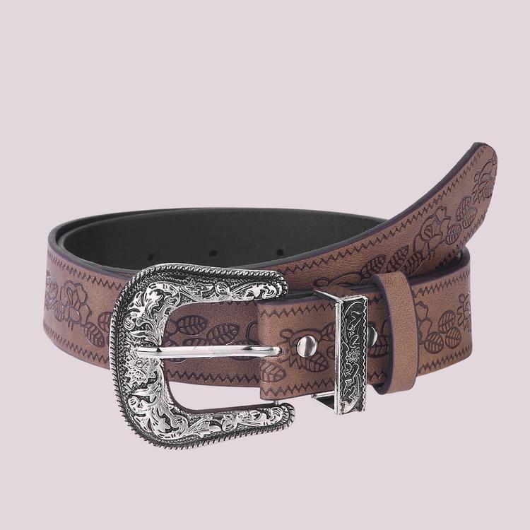 New Y2K Retro Women’s Wide Leather Belt with Petal Print and Carved Buckle