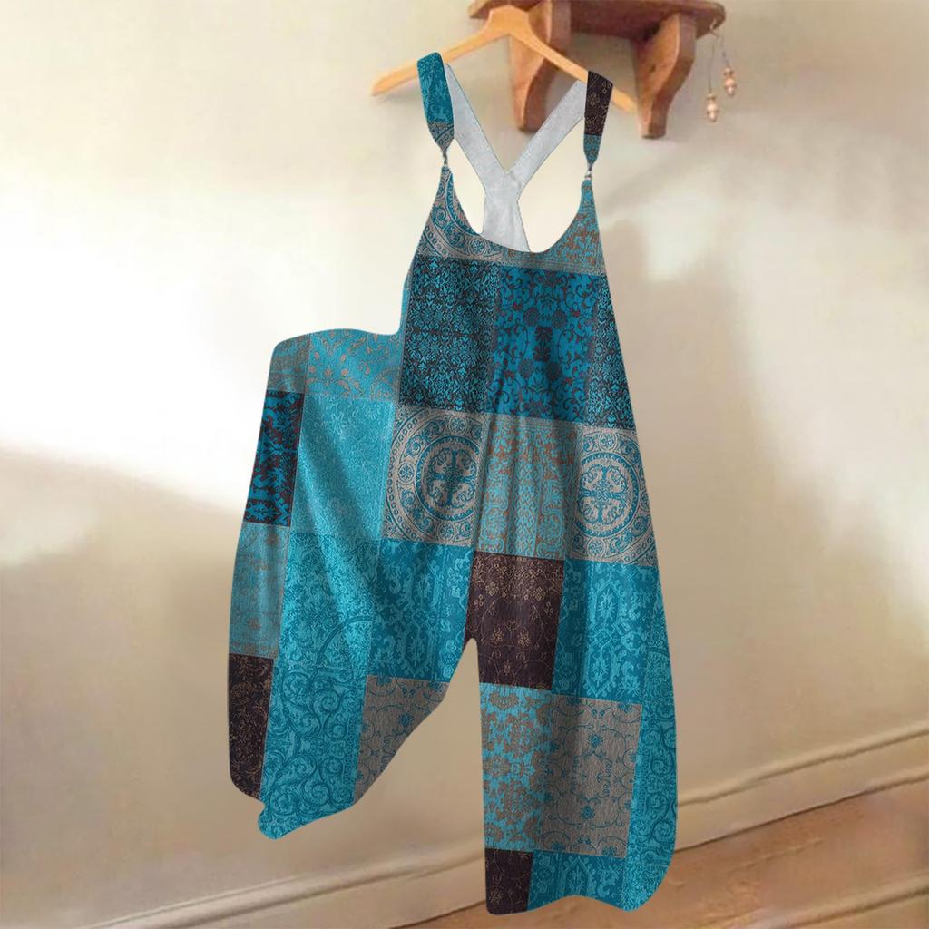 Women's Summer Strappy Pants Floral Print Vintage Jumpsuit ,Non-Adjustable Straps,