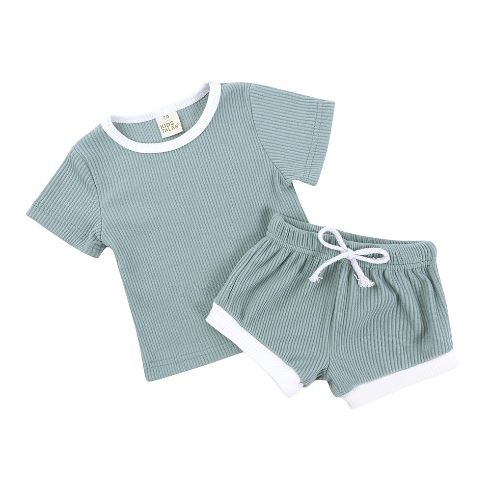 Casual Solid Color Baby Grils Clohting Set Summer Cotton Short Sleeve Tops+ Shorts O-neck Toddler Clothes Sets