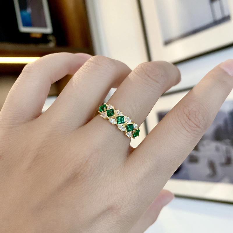 Huitan Luxury Princess Green Cubic Zirconia Rings for Women Gold Color Temperament Female Finger-rings Wedding Trendy Jewelry