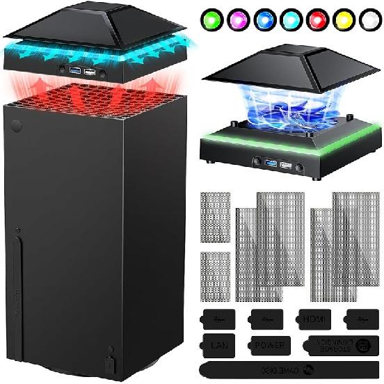 Upgrade RGB Cooling Fan for Xbox Series X with Dust Cover Filter, Colorful LED Light Cooler System Accessories with Low Noise 3 Levels Adjustable