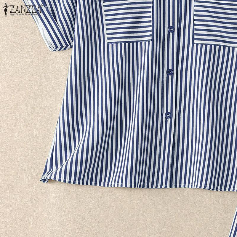 ZANZEA Women Short Sleeve Blouse and Shorts Summer Stripe Print Two Piece Suit Sets