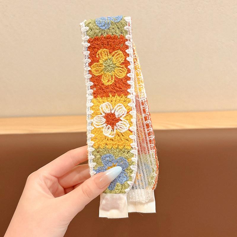 Kids Pastoral Style Floral Knitting Bangs Hairband Girl Broken Hair Finishing Hairband Sweet Headband Face Wash Hairpin