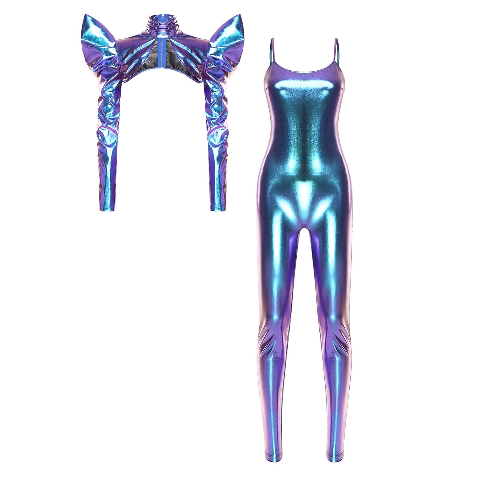 

Ladies Futuristic Metallic Shiny Outfit S-XL Bodycon Sling Jumpsuit with Back Zip Leggings and Open Front Crop Top for Halloween Party S синий