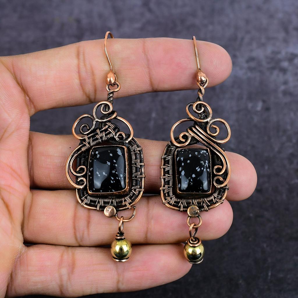 Natural Snowflake Obsidian Gemstone Copper Wire Wrap Jewelry Earring 3.35" y6s07