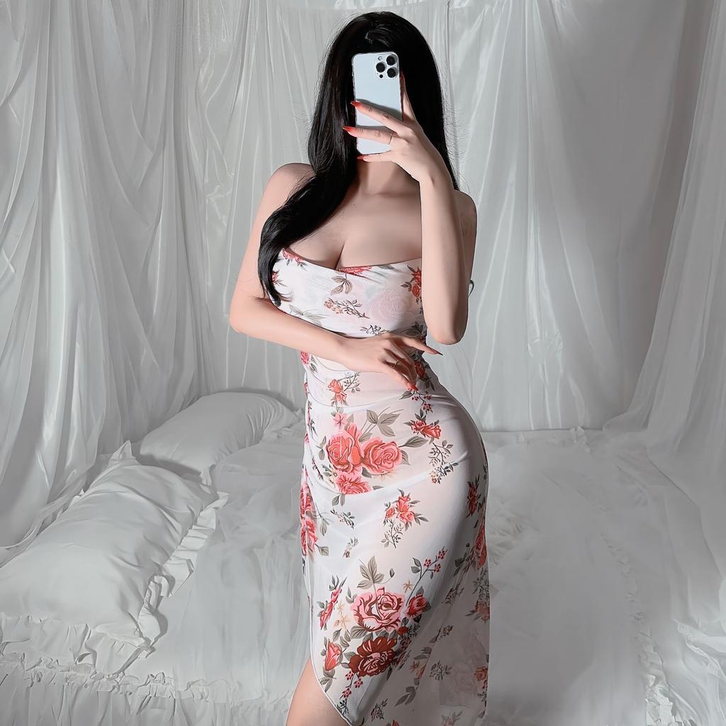 Vintage Floral Tube Top Nightgown Slim Fit High Slit Sexy Long Print Loungewear Dress 633 Romantic Flattering Sleepwear with Timeless Floral Patterns