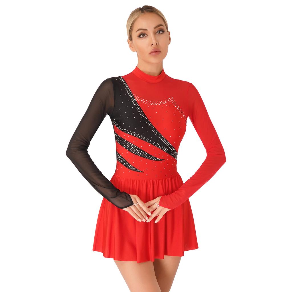 Dlouhý rukáv Tyl Všitý Výřezy Záda Kolečkový krasobruslařský dres Šaty Gymnastické Baletní Taneční Kostýmy