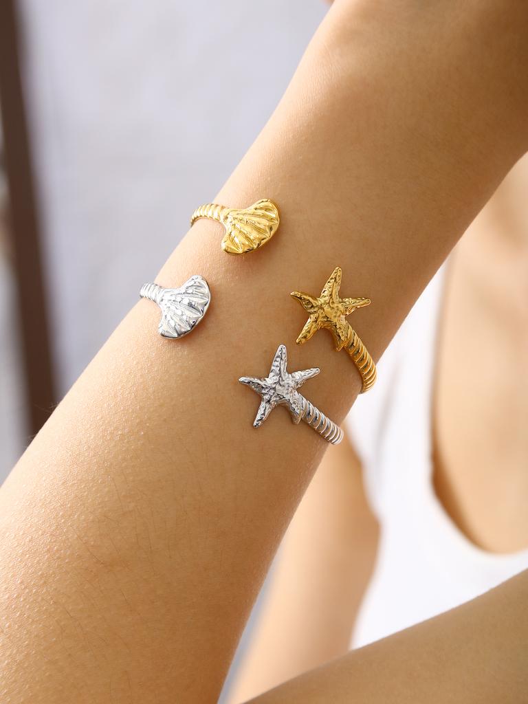 Summer Beach Series Fashion Personality Cute Bohemian Style Stainless Steel Plated 18K Gold Starfish, Shell Bracelet Female