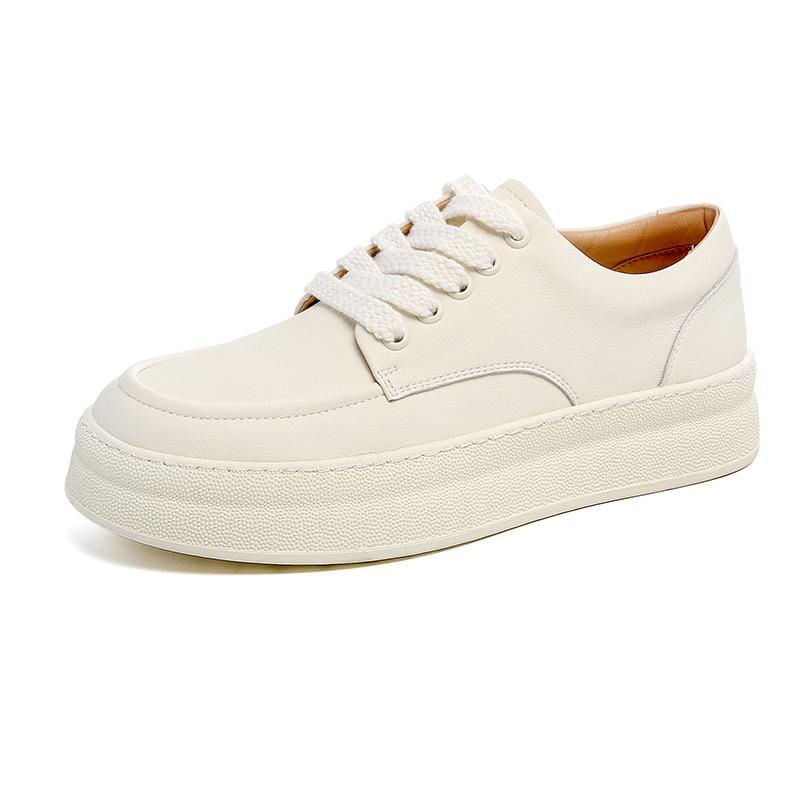 Fashion Korean Style Mens Casual White Shoes Lace-up Flats Platform Shoe Breathable Genuine Leather Sneakers Youth Street Trend Footwear