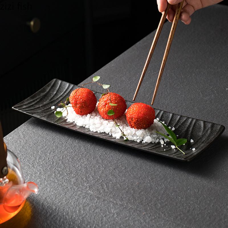 Assiette longue en céramique à texture relief de couleur unie, assiette à sushi, assiette à dessert, assiette à oiseaux rôtis, nourriture moléculaire, vaisselle créative