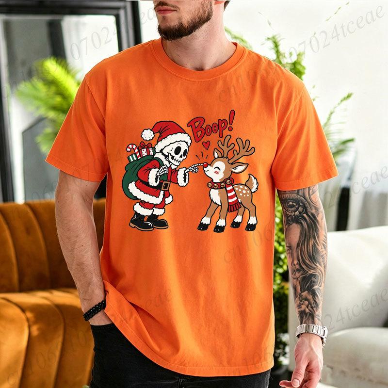 Cotton T-Shirt Christmas Skeleton Santa Reindeer Graphic Tshirt, Reindeer Boop Retro Holiday Humor Tees,Xmas Holiday Family Matching Party Tops