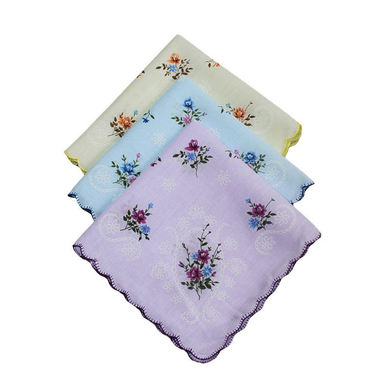 3pcs Small Floral Women's Handkerchiefs Crescent Edge Girl Printed Cotton White Background Refreshing Ladies Handkerchiefs