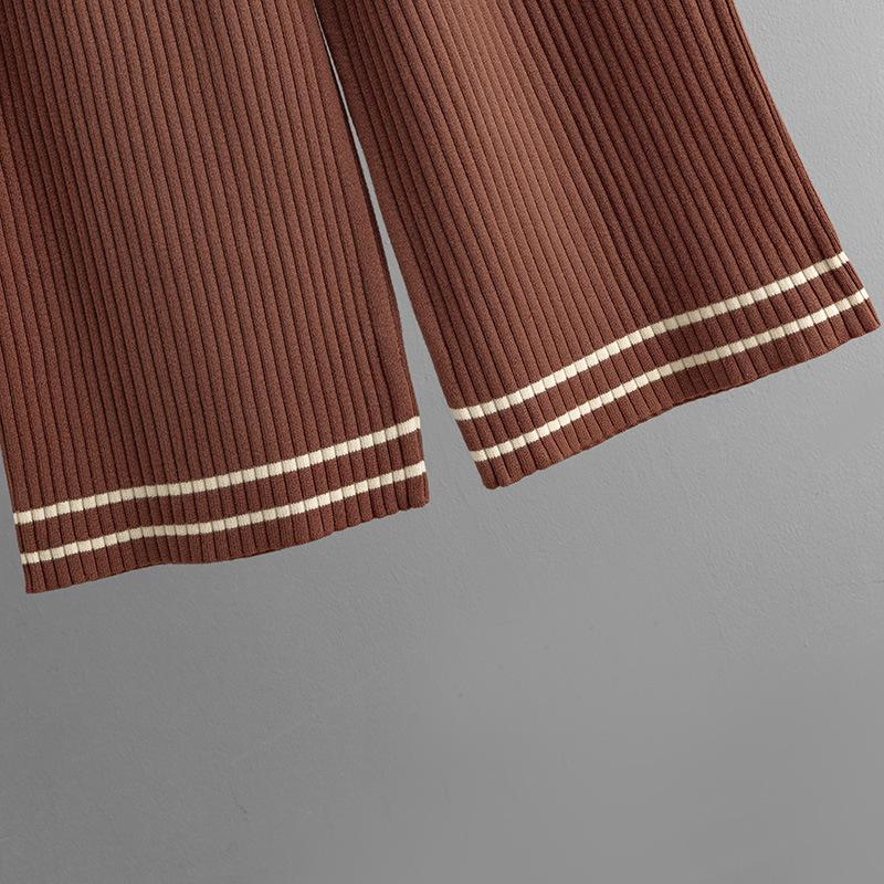 Fall Winter Lazy Wind Loose High Collar Pulllover Sweater Suit Women's Stripe Long Sleeve Knit Wide Leg Pants Two Piece Set