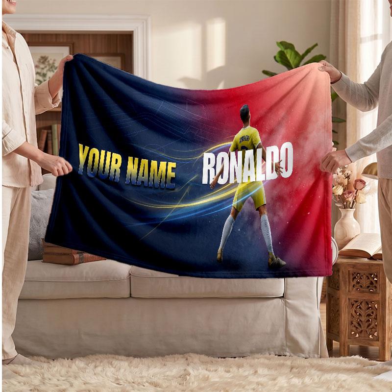 Futbol Logolu Kişiselleştirilmiş Cristiano Ronaldo Polar Battaniye, Özel İsim Yazılı Yumuşak Sıcak Ev Battaniyesi