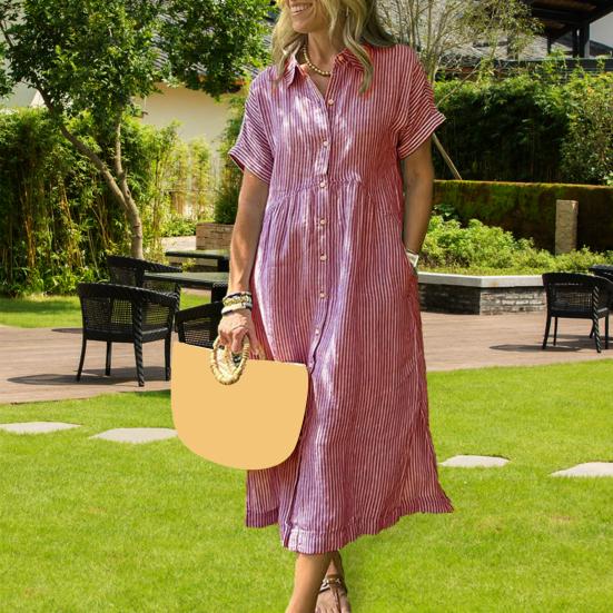 Striped Lapel Button Down Shirt Dress with Pockets Summer Casual Short Sleeve A-line Long