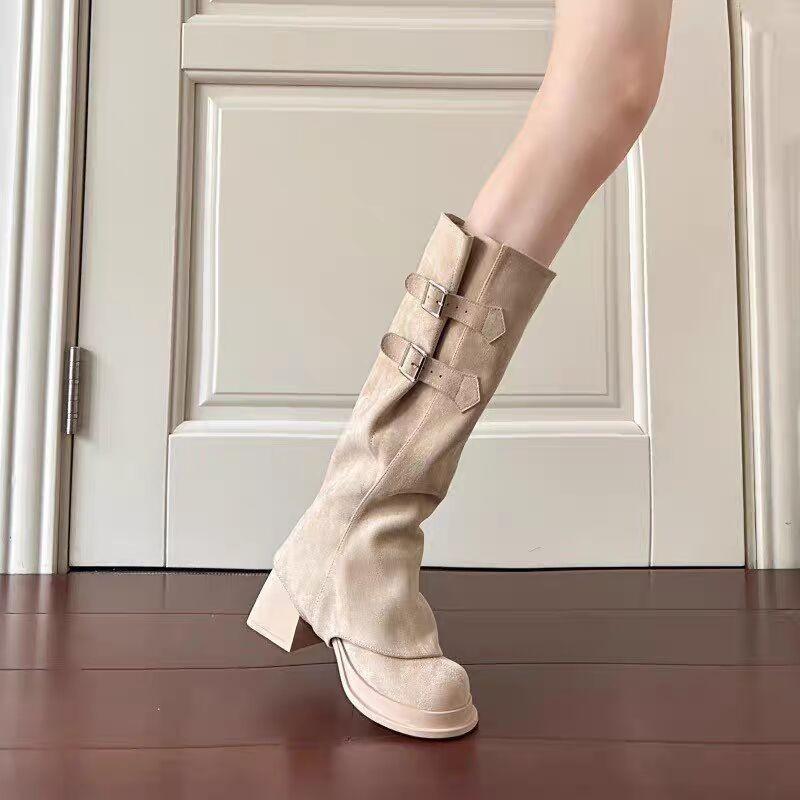 Nude high-heeled boots women's autumn and winter boots 2025 new popular tall removable two-wear short boots thin boots